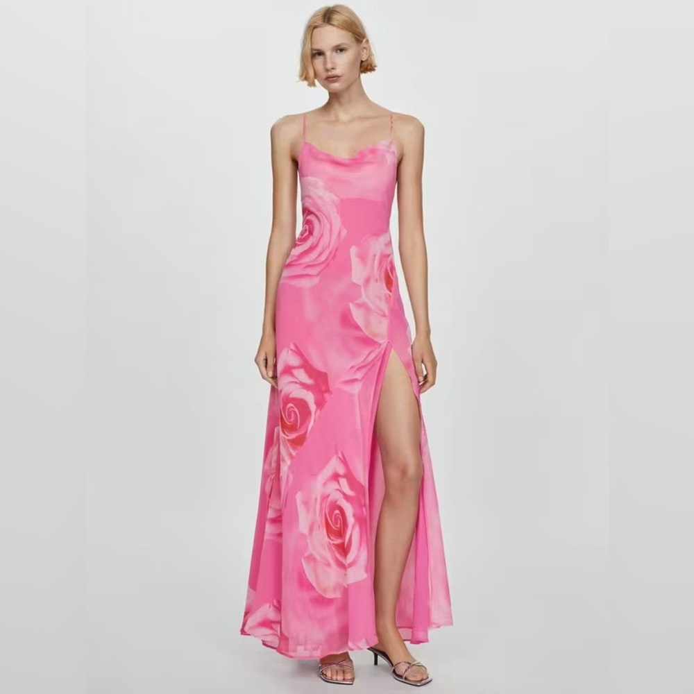 NWT MANGO DRESS Rosa Rose Print Cowl Neck Maxi Dress, Pink